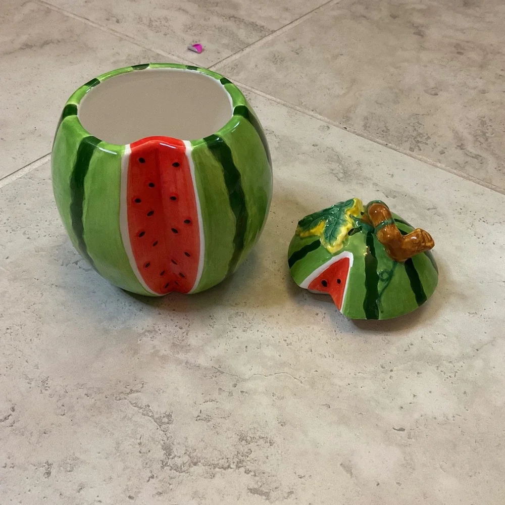 Vintage Watermelon Ceramic Cookie Jar Hand Painted Fruit Canister Kitchen Decor